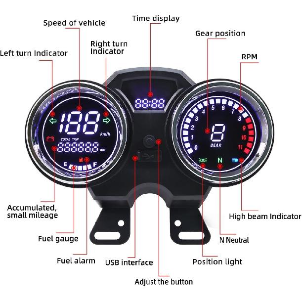 Motorbike Speedometer Universal Motorcycle Speedometer RPM Fuel Gauge with USB Charging Meter for SU&ZUKI GN125-F HJ125-8E HJ150-3A EN125 GSX125
