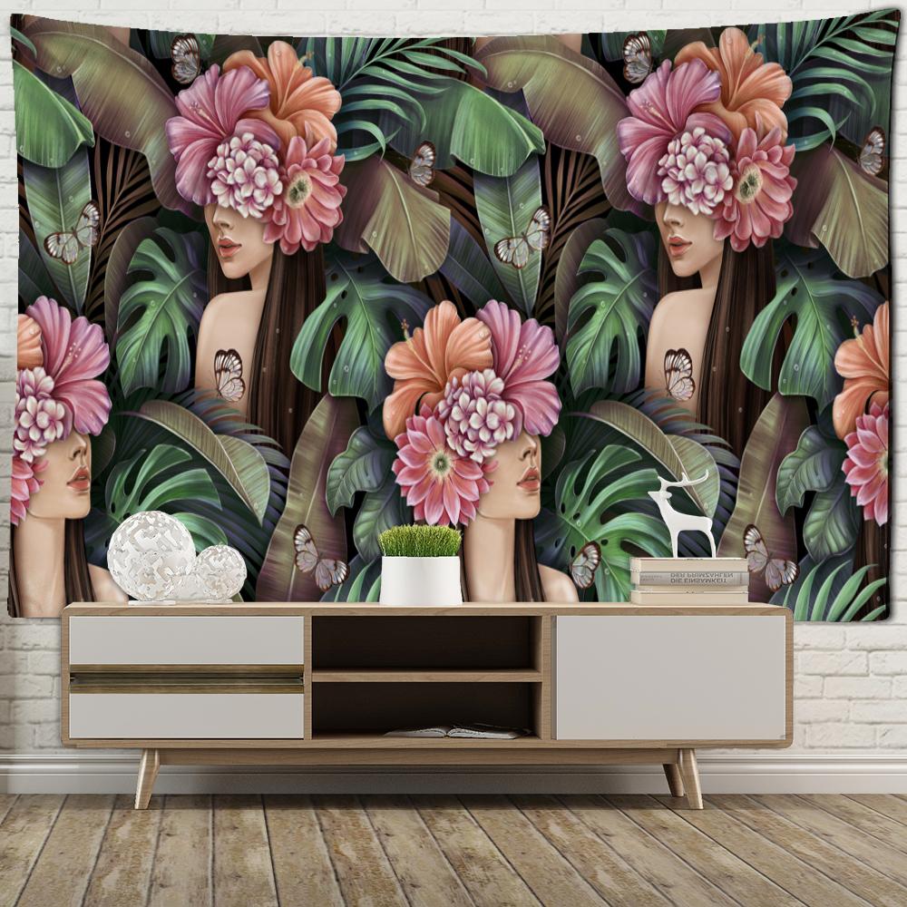Tropical Plant Tapestry Wall Hanging Girl Psychedelic Witchcraft Natural Bohemian Hippie Bedroom Home Decor