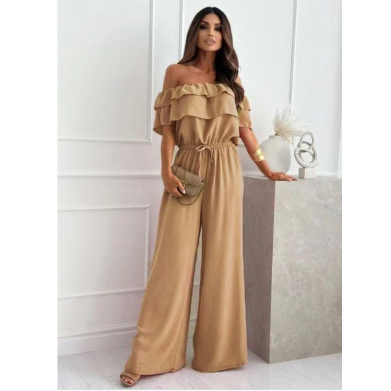 Summer New Arrival Fashion Style off-Neck Ruffled Short Sleeves Elastic and Waisted Wide Leg Jumpsuit Pants Jumpsuit