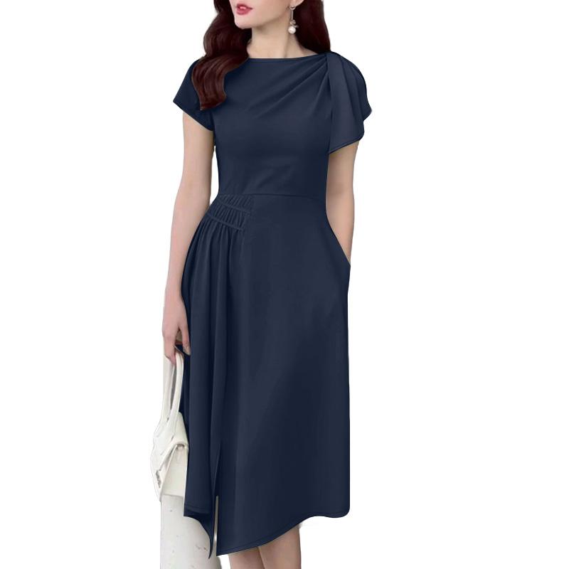 

ZANZEA Женское повседневное платье с круглым вырезом, неровным подолом и короткими рукавами тёмно-синий