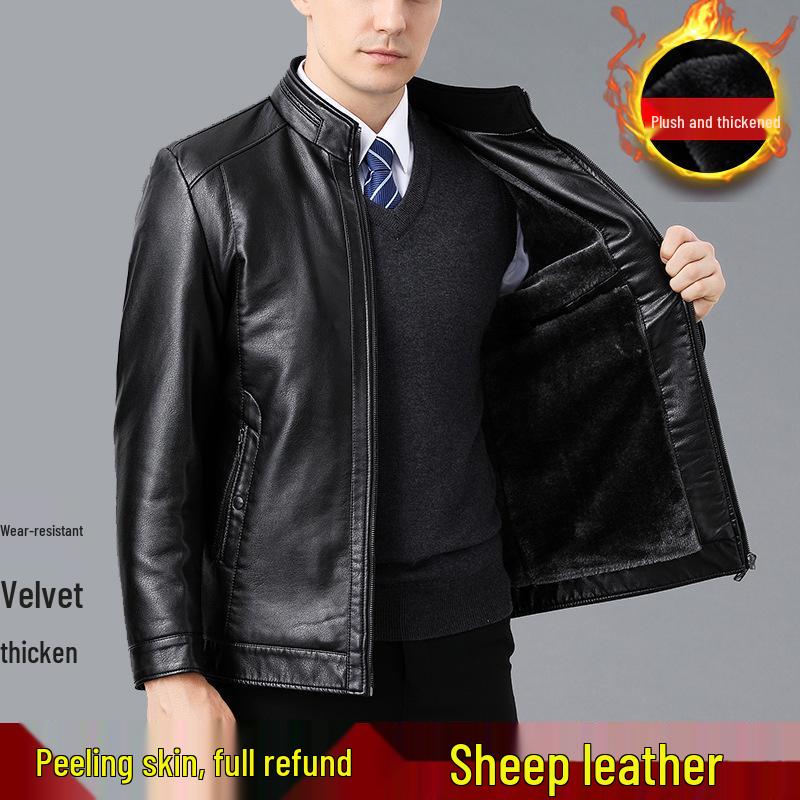 Men's Shearling Leather Jacket with Fleece Lining for Middle-Aged and Elderly Dads