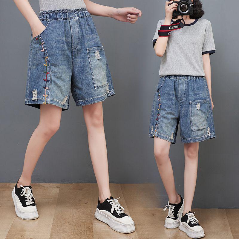 Women's Summer Denim Wide-Leg High-Waist A-Line Shorts, Plus Size, Five-Point Length