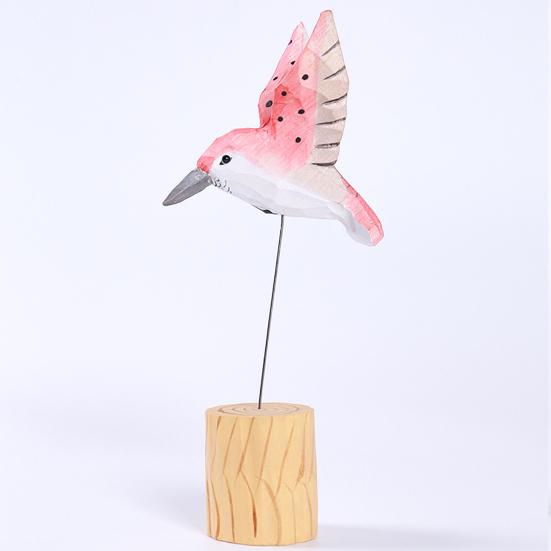 Wood Carving Hummingbird Ornament with Tree Stump/Bell Handcrafted Bird Figurine Statue Sculpture