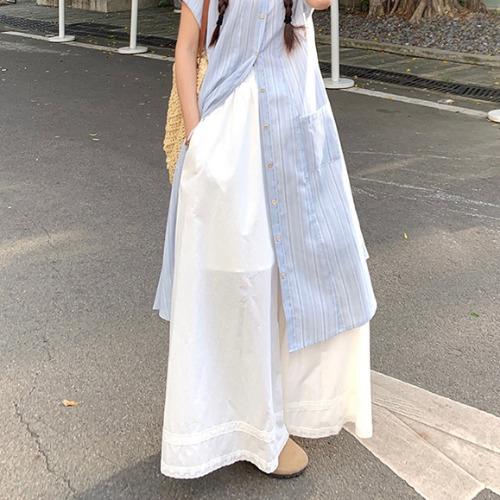 Blue striped short-sleeved shirt dress women's summer 2026 new loose casual fashion wide-leg pants two-piece set