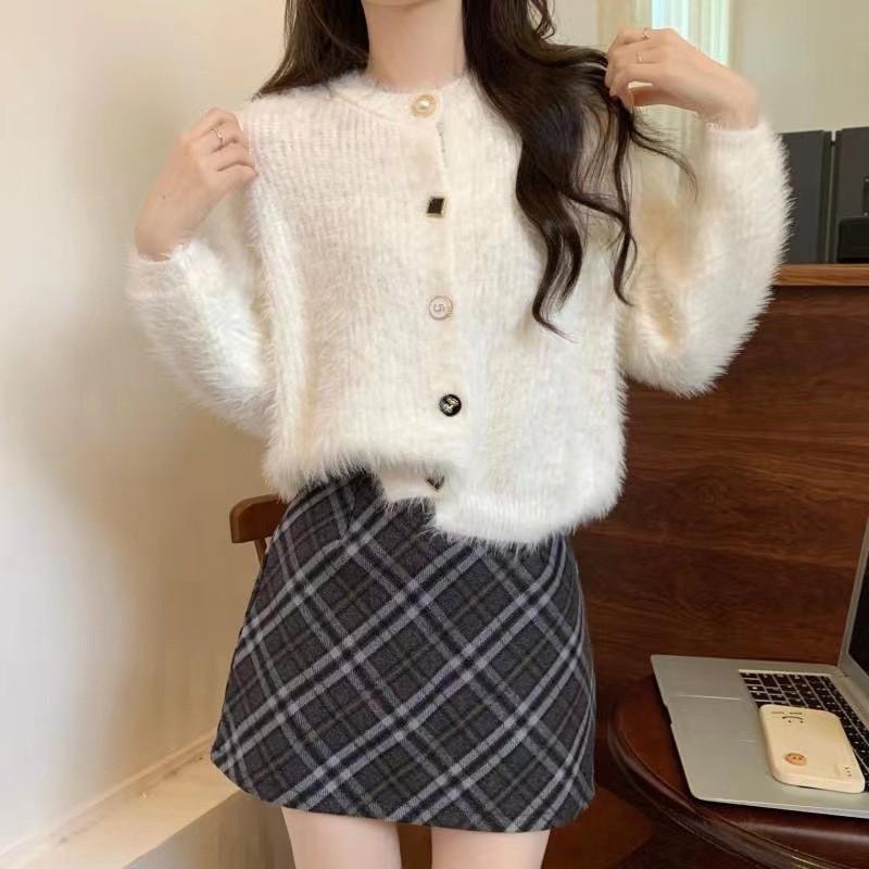 Womens French Vintage Soft Knit Cardigan Short Round Neck Sweater Coat Solid Color