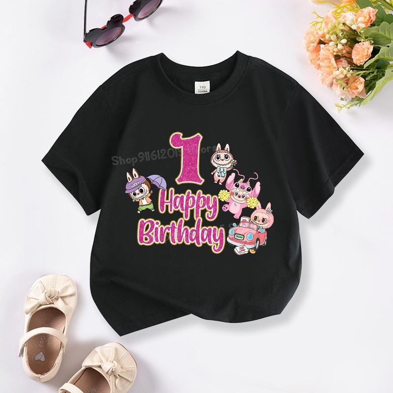 Narozeninové tričko Labubu Girl Roztomilé dětské tričko s krátkým rukávem a číslem Batolecí oblečení Kreslené potisky Topy Letní dětské oblečení