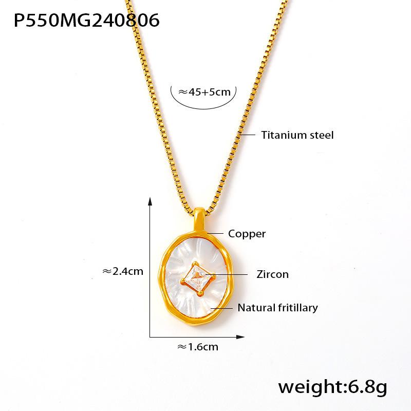 French Retro Oval Mother-of-Pearl Zircon Pendant On 18k Gold-Plated Titanium Steel Clavicle Chain