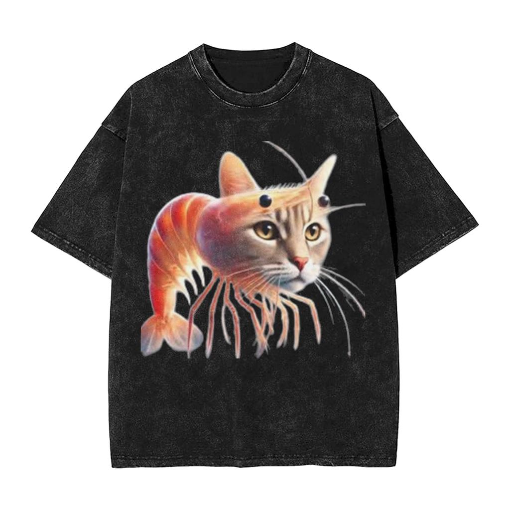 Trippi Troppi Cat Shrimp Washed T Shirts Streetwear Hip Hop Novelty T-Shirts Tees for Men Women Short Sleeve Harajuku
