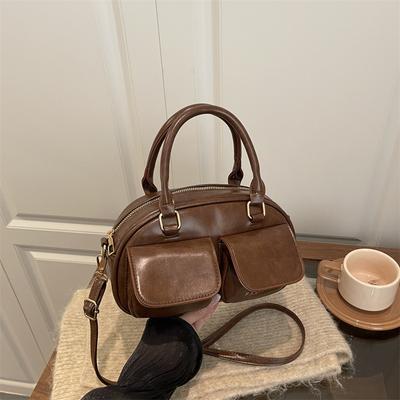 Autumn Retro Double Pocket Design Shoulder Bowling Bags for Women Solid Color Ladies Crossbody Bag Simple Female Pu Handbags
