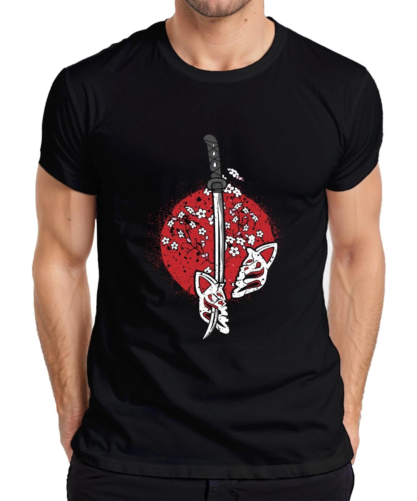 Katana Samurai Kitsune Maske Sakura Kirschblüten Japan Sonne Herren T-Shirt XS