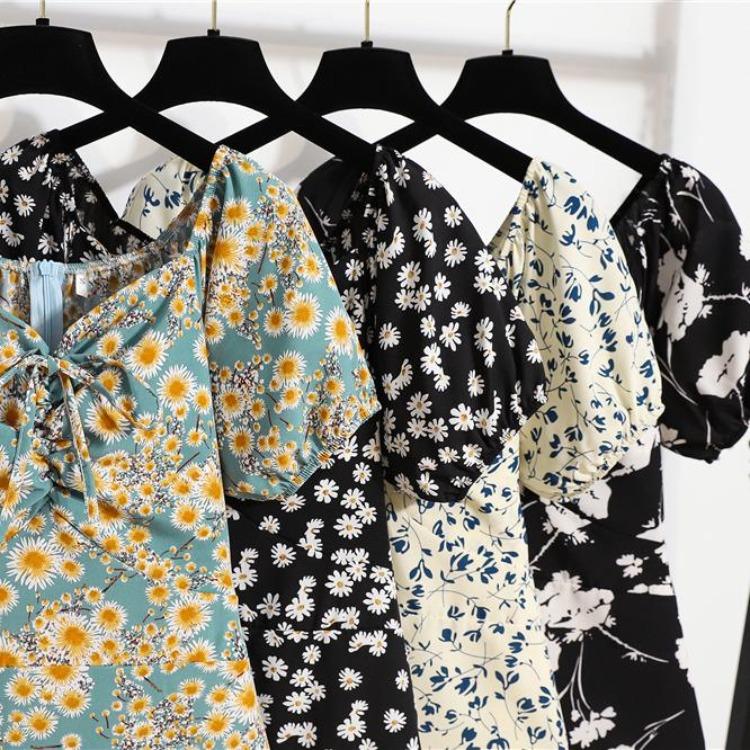Korean Style Elegant Floral Printed Women Mini Dress Bohemian Pleated Puffy Sleeve Sexy Summer Vestidos Shirring Female Short Dress