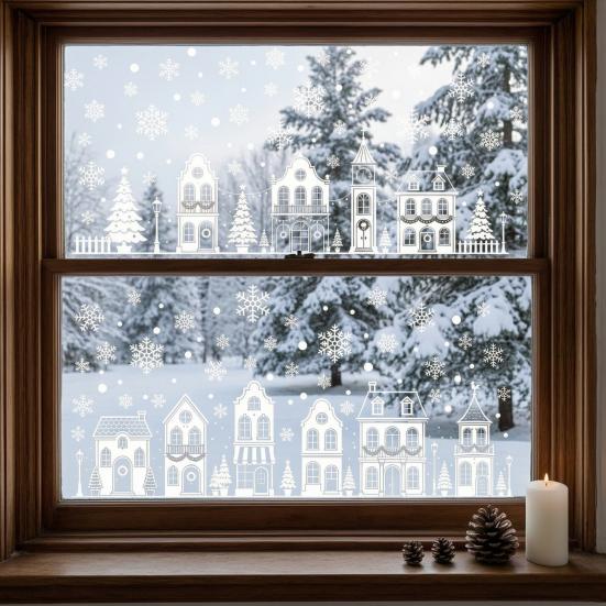 Christmas Window Decals 4Pcs Static Clings, White Town House Snowflake Glass Stickers, Line Drawing Film Reusable Xmas Holiday Decor for Home