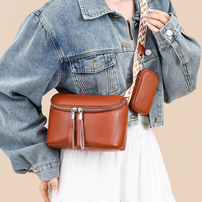 Two In One Women Vintage Underarm Bags  Cowhide Leather Shoulder Bag Multipocket Adjustable Strap Female Commute Daily Bags