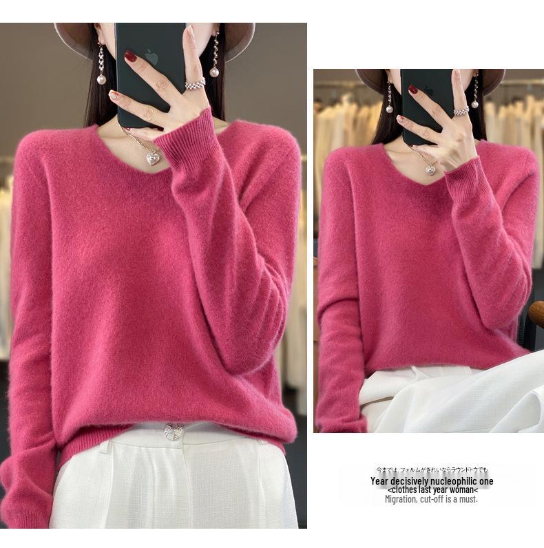 Women's V-Neck Pure Wool Knit Sweater - Heart Neckline, Autumn/Winter Base Layer