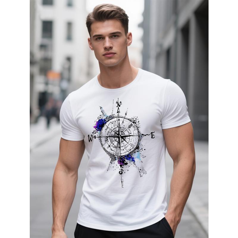 European sizes Everyday Comfort] Men's Compass Print Crew Neck T-Shirt - Breathable Polyester, Casual Street Style Short Sleeve Top