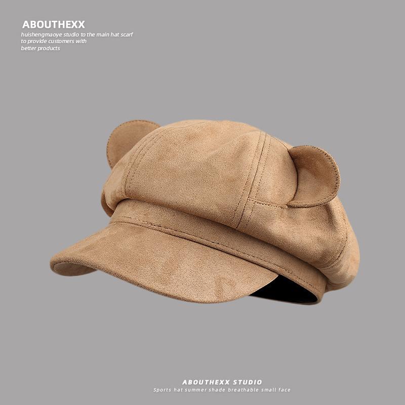 

Новая милая шапка с ушками медвежонка, женская восьмиугольная шляпа из замши, хорошо смотрится на лице осенью и зимой, маленький и универсальный трендовый берет M（56-60cm）