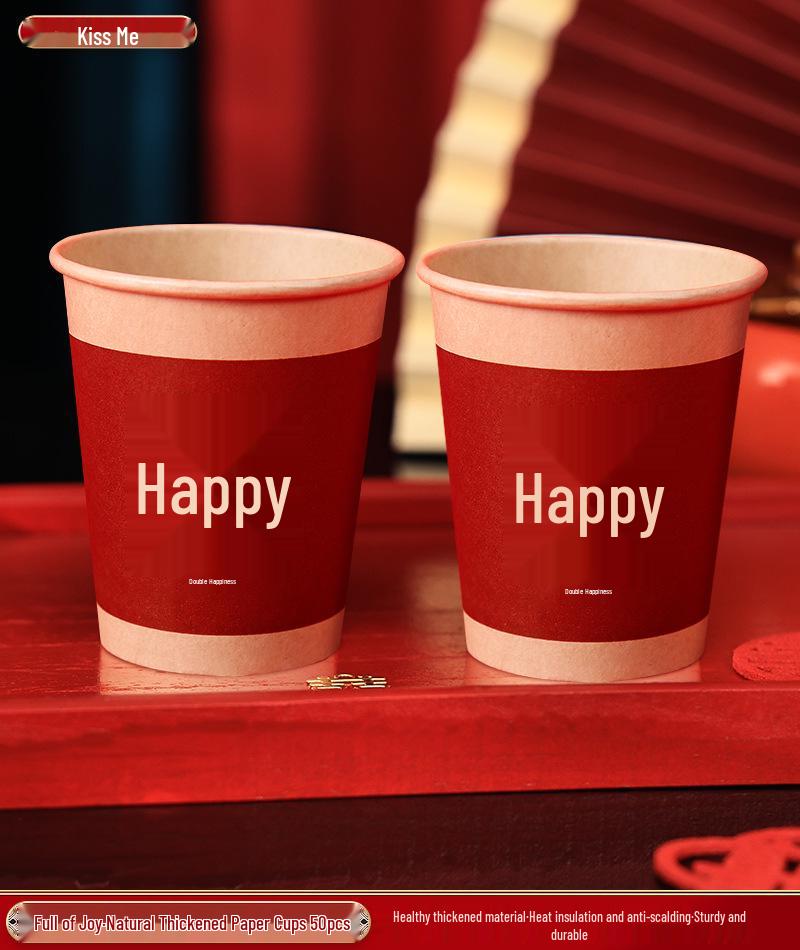 Double Happiness Wedding Celebration Paper Cups - Thick Disposable Set for Weddings and Events