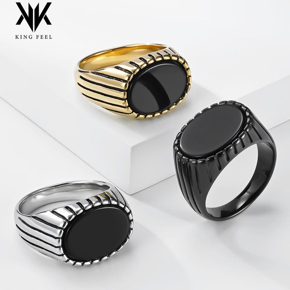 Men's Titanium Steel Black Gem Ring - Artistic Retro Hip Hop Non-Fading Jewelry