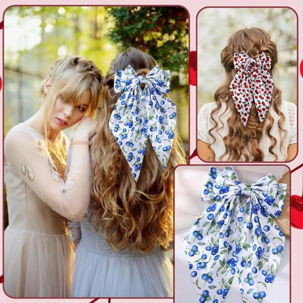 Double Layer Bow Spring Hair Clip Cherry Print Ponytail Hairpin Long Ribbon Fabric Hair Clip Girls Sweet Elegant Accessories New