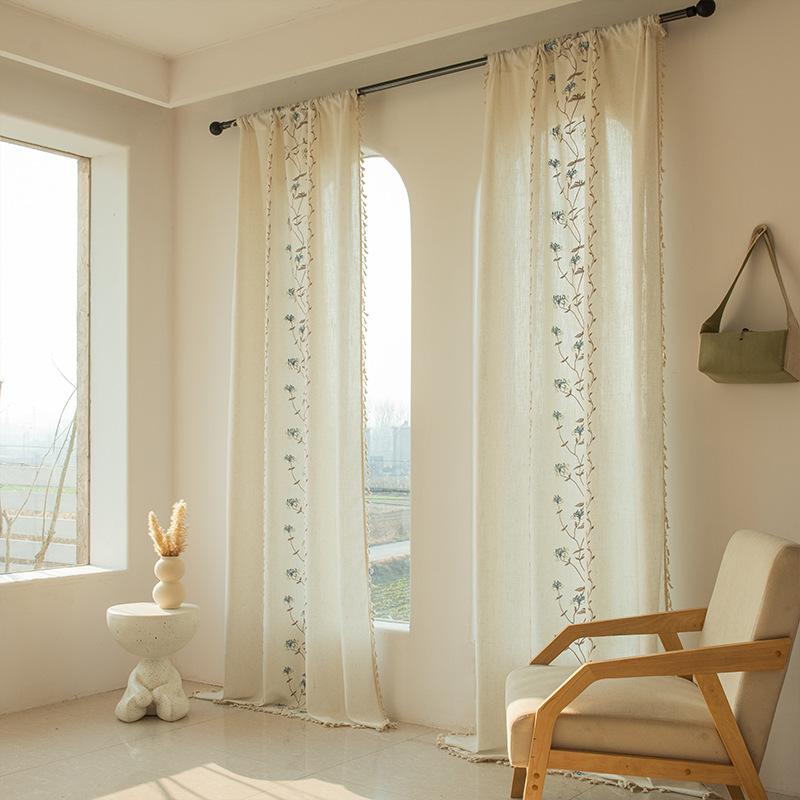 American Style Cotton Linen Fringe Embroidered Floral Semi Blackout Short Curtains for Living Room Bedroom Balcony Kitchen