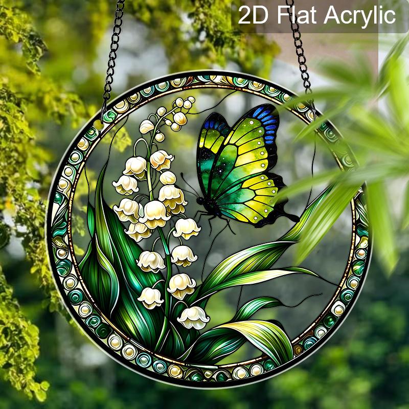 Acrylic Butterfly & Lily of the Valley Suncatcher Stained Glass Effect Window Hanging Ornament Floral & Insect Themed Gift for Home