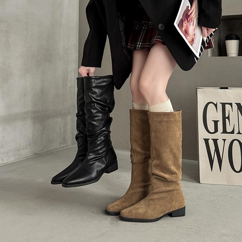 Simple tall women's cowboy boots spring and summer fashion pointed pleated leather boots stacking boots thick heel boots knight boots