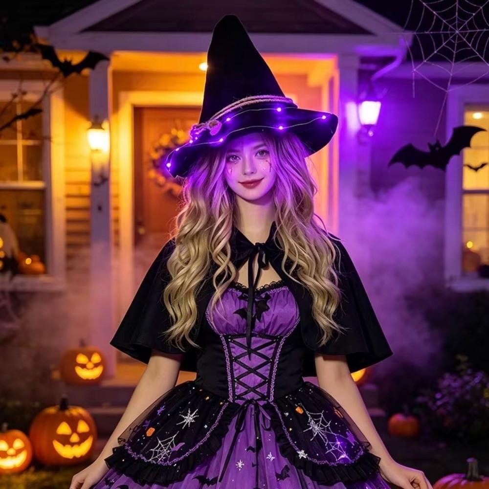 Pointed Design LED Witch Hat Black Cosplay Hat Light Up Wizard Hat Carnival Festival