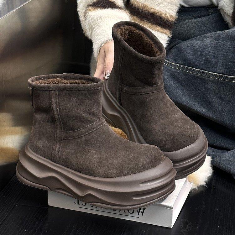 Soft Leather Version~ 2025 Winter New Ugly Cute Big Head Velvet Thickened Muffin Thick Bottom Heightening Snow Boots Women's Short Boots
