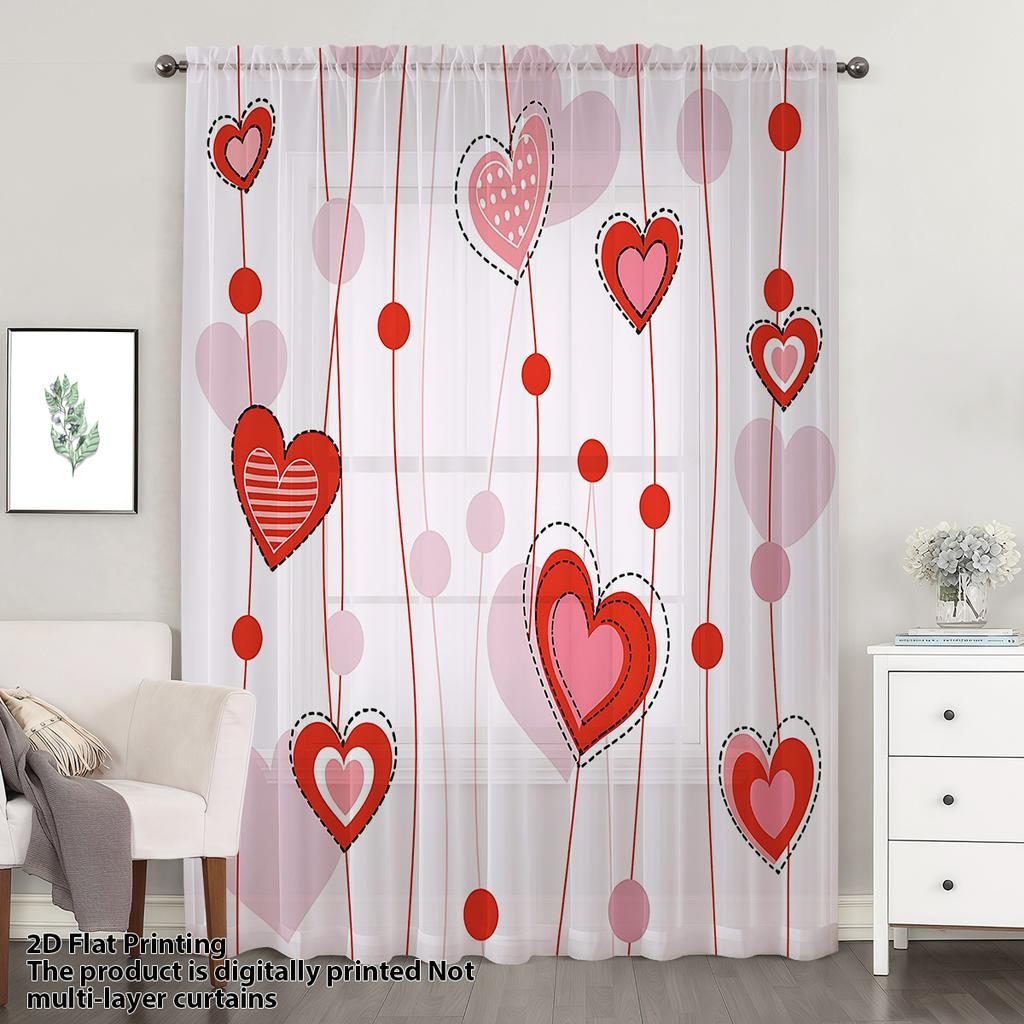 Romantic Red Pink Heart Shaped Window Curtain Single Piece Valentine Day Bedroom Decorative Cool Sweet Curtains Polyester With Rod Pocket Decor
