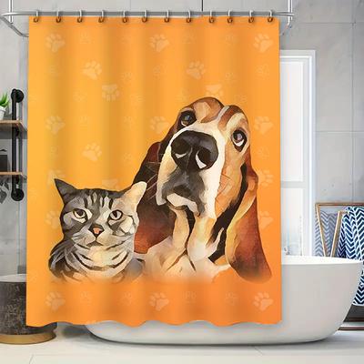 Artistic Pet Shower Curtain Dog Cat Print Bath Decor for Home Bathroom Orange Paw Pattern Waterproof Fabric Size 72x84 Inches (1