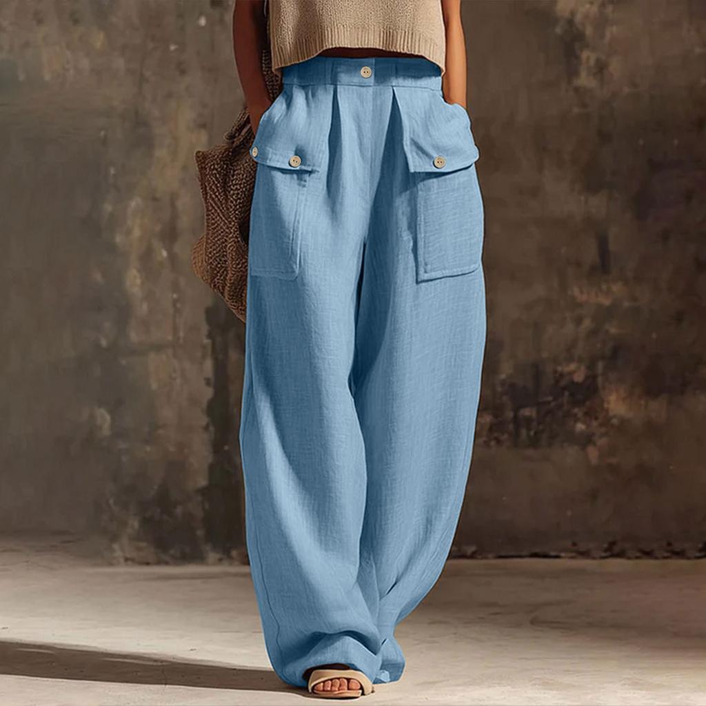 Women’s Casual Wide Leg Pants with Buttoned Pockets Cotton Linen Relaxed Fit Trousers for Everyday Wear Office Travel Lounge