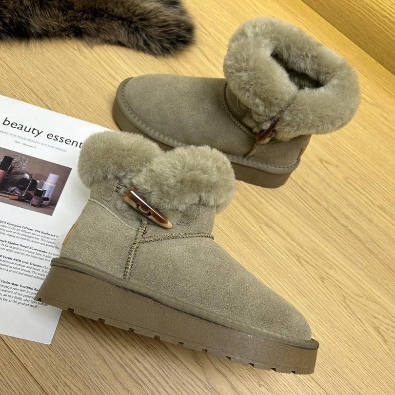 Fur Integrated Snow Boots Women's Short Boots Thick-soled Horn Buckle Women's Boots Autumn and Winter Velvet Warm Cotton Boots Genuine Leather Cotton