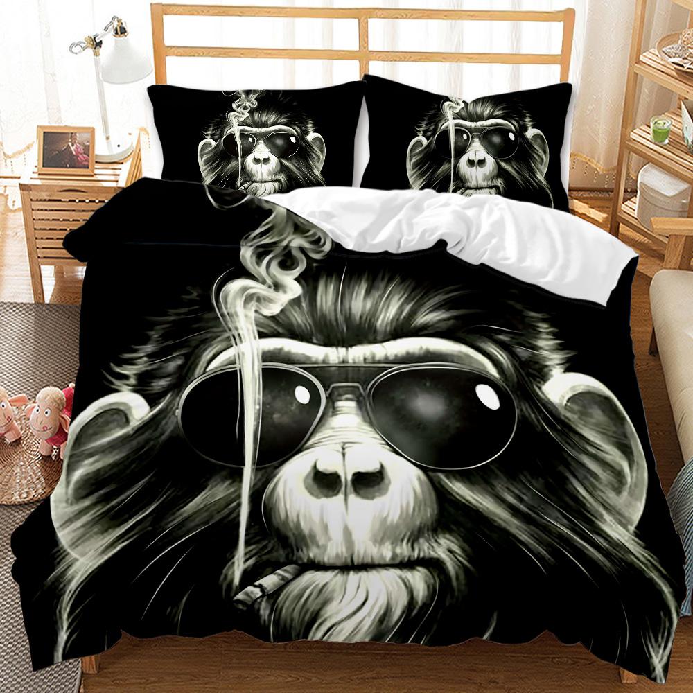 Affe Bettbezug Gorilla Kopf Bettwäsche Set Jungen Jugendliche Roter Hut Bettdeckenbezug Wildtier Polyester Steppdeckenbezug Queen Full Size
