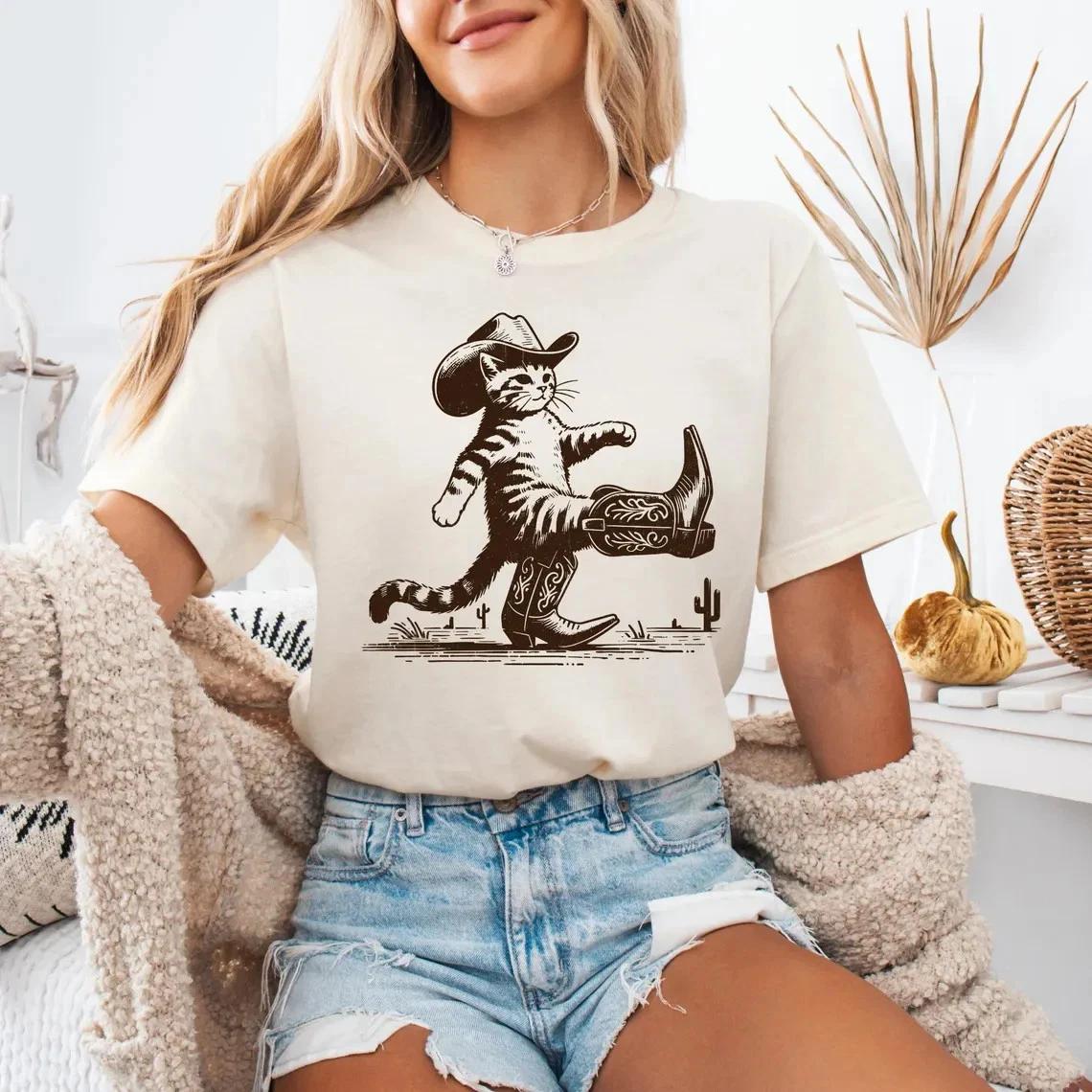 Howdy Kitten Graphic Tee Western Cowboy Cat Shirt Streetwear Apparel 2XL