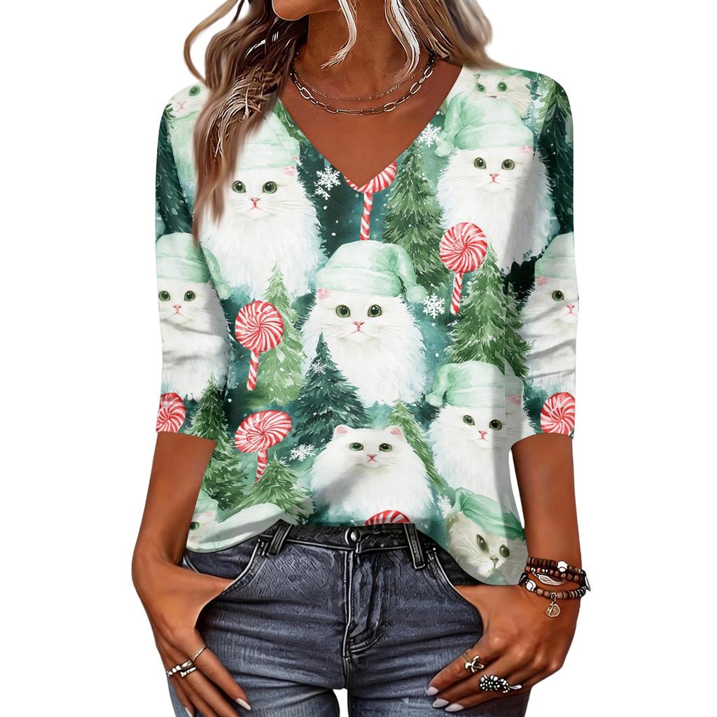 Women's Christmas Print V-Neck Three-Quarter Sleeve Casual Loose Fit Shirt
