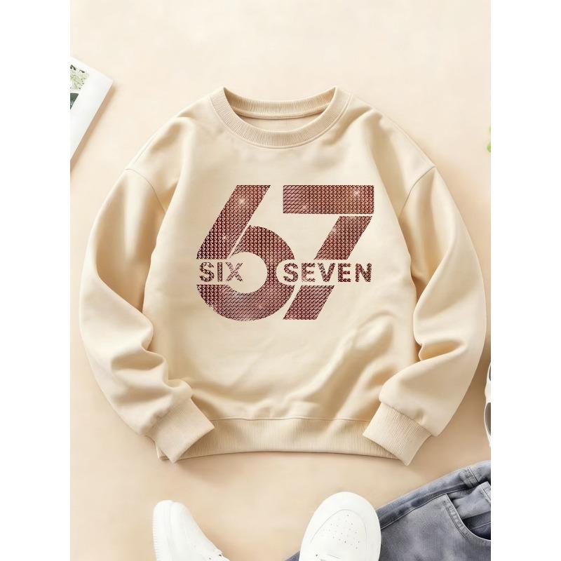 Kids Unisex Crewneck Sweatshirt, Rose Gold Glitter Mesh Texture Number 67 With Text "SIX SEVEN" Print Black Soft Fleece Pullover For 7th Birthday