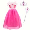 Vestido de Princesa Aurora com Coroa e Cetro 5-6 Anos 120 cm Conjunto de Fantasia Rosa