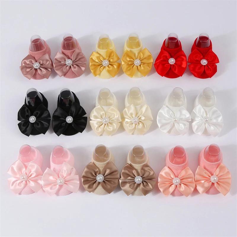 Baby Pearl Bow Solid Color Floor Socks Newborn Infant Knitted Breathable Socks Sweet Cute Girls Princess Children Birthday Gifts