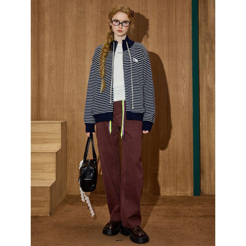 Coolhut Navy Blue Old Money Style Striped Hooded Zip-Up Cardigan for Women, Lazy Style Loose Knit Jacket Sweater