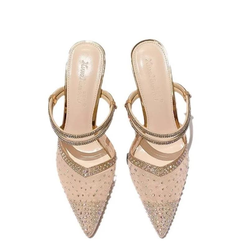 Fashion Slippers Woman Designer Mesh Open Heel Sandals Shoes Fashion Print Pointed End Women High-heel Pumps Sexy Stiletto Lady Mules