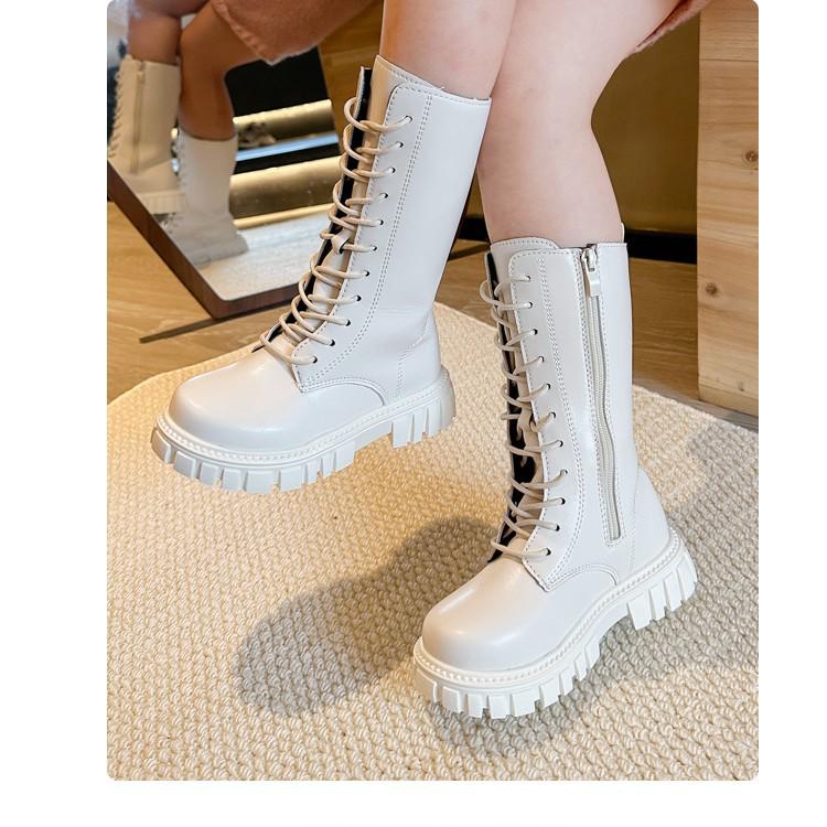 Stivali alti in pelle antiscivolo per bambini con cerniere laterali, Primavera/Autunno, Resistenti all'usura, Dr. Ispirate a Martens, Disponibili in Bianco Sporco e Nero.