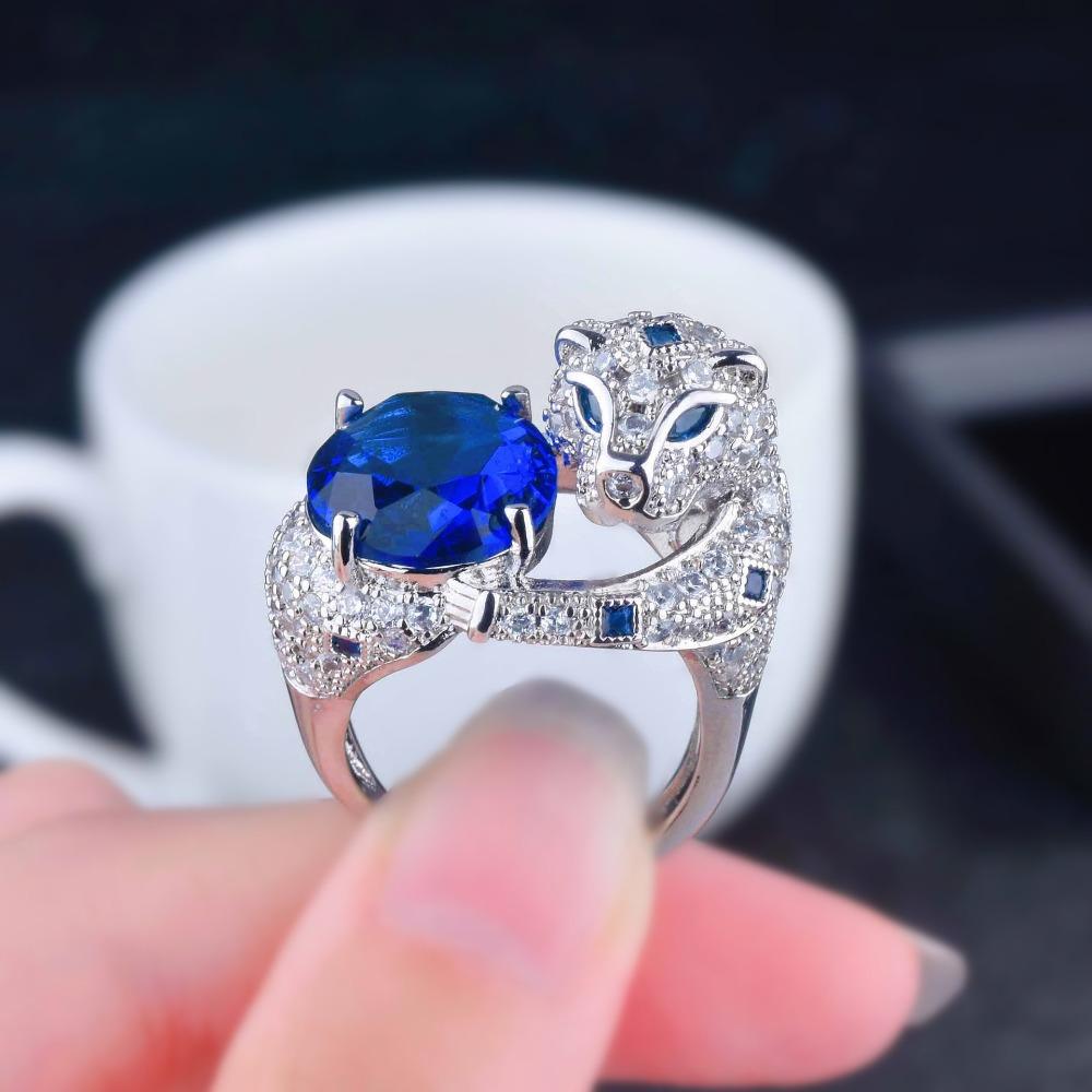 Women Jewelry Set Royal Blue Sapphire Emerald Panther Luxury Full Diamond Panther Head Necklace Open Ring