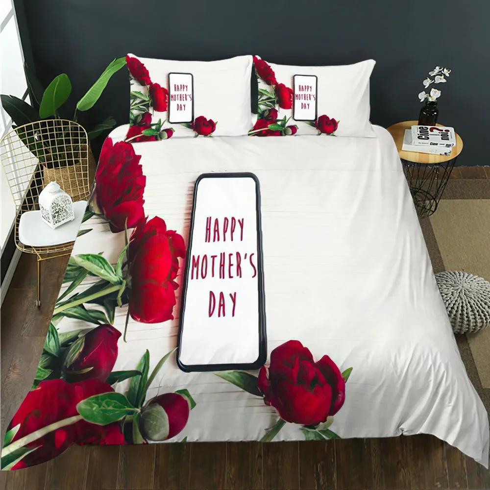 Mother's Day King Queen Duvet Cover Express Love For Mom Wife Bedding Set Colorful Floral Quilt Cover Polyester Comforter Cover