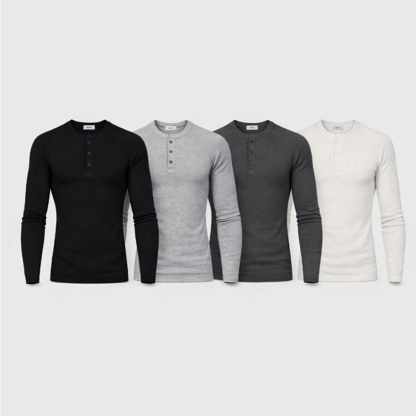 Men Muscle-Fit Ribbed Henley Shirt Slim Fit Black Gray Charcoal Ivory M L Casual
