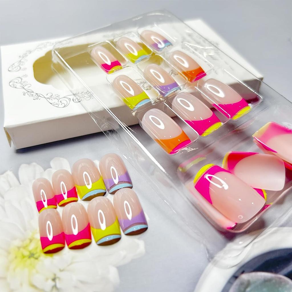 Line French Tip Square Shaped Press on Nails Medium Fake Nails Glossy Acrylic Nails Press ons with Rainbow Colorful Design French False Nails
