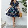 Plus Size Vintage V-Neck Short Sleeve Smocked Waist Slimming Retro Midi Dress for Women Casual Summer