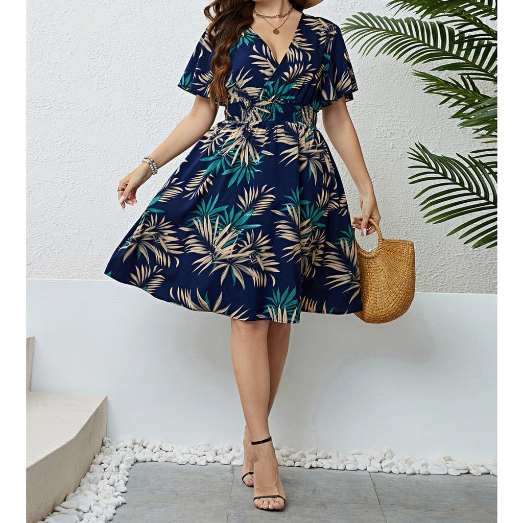 Plus Size Vintage V-Neck Short Sleeve Smocked Waist Slimming Retro Midi Dress for Women Casual Summer