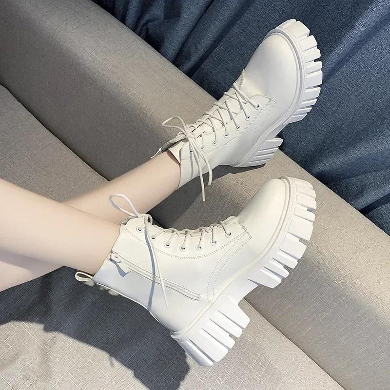 Platform Ankle Boots Women Autumn Winter PU Leather Combat Booties Punk Thick Bottom Motorcycle Boots Side Zip Work Botas Mujer