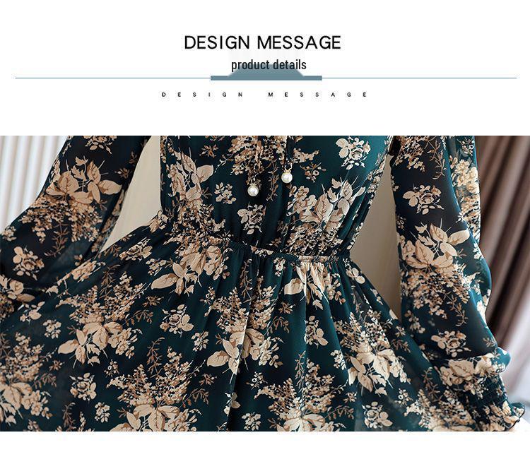 Women's Floral Chiffon Dress: Plus Size, Long Sleeve, Slimming Waist, Spring & Autumn Style