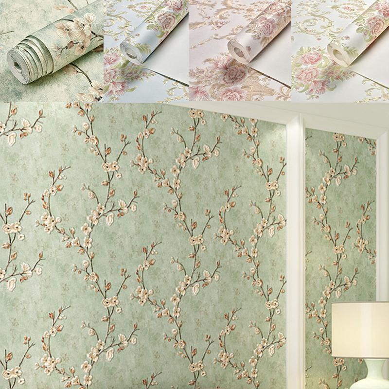 Retro Self-adhesive Wall Stickers Floral Pattern Non-woven Wallpaper for Living Room Background Wall Stickers DIY Home Decor